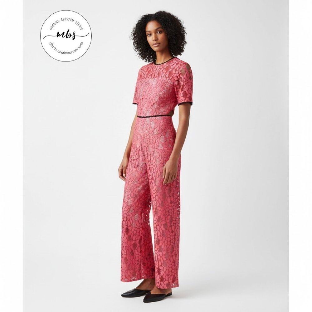 Alexis Lace Short Sleeve Cutout Lined Wide Leg Jumpsuit Raw Hems Pink Women XS - Picture 1 of 13